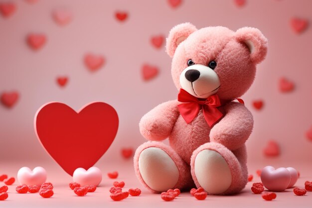 Teddy bear sitting on a pink background with a heart
