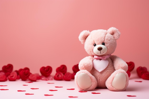 Teddy bear sitting on a pink background with a heart