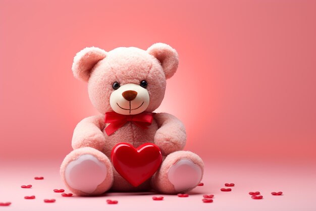 Teddy bear sitting on a pink background with a heart