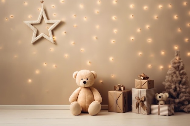 Teddy bear sitting next to star on wall Generative AI