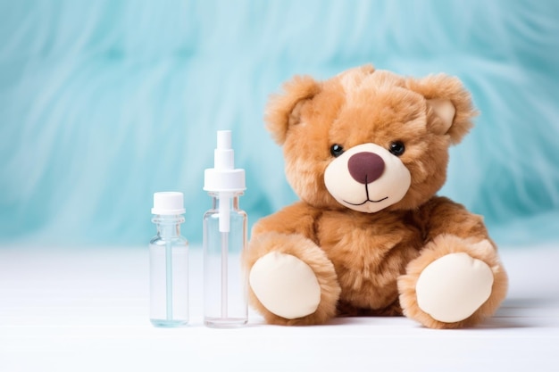 Teddy bear sitting next to a vial