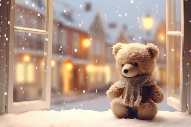 A teddy bear sitting on a window sill in the snow Digital image