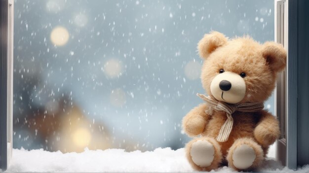 A teddy bear sitting on a window sill in the snow Digital image