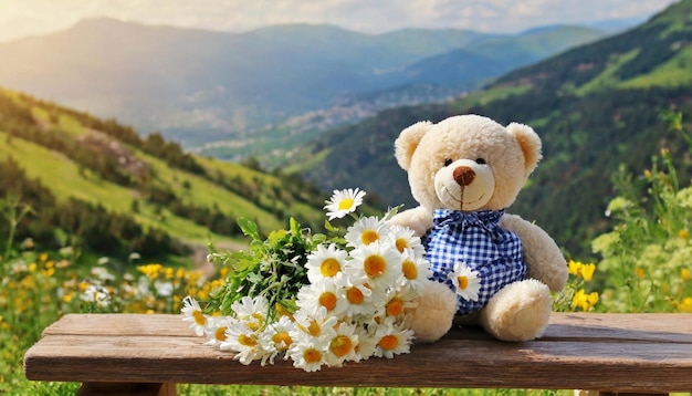 Foto orso di peluche seduto su una panchina di legno con un bouquet di margherite giocattolo di peluch dei bambini