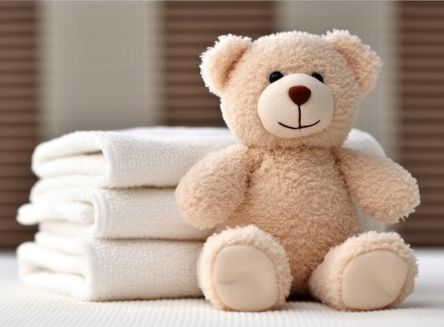 Teddy bear and a stack of clean and fresh cotton towels ON background