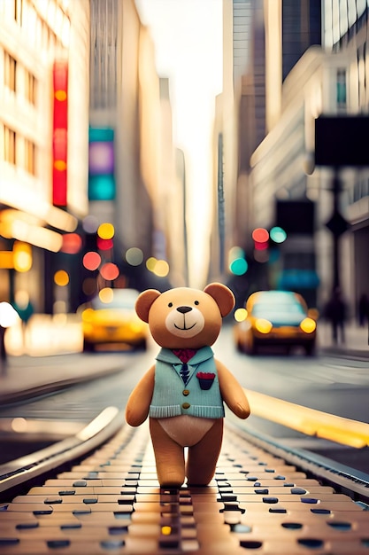 A teddy bear standing on the street in front of a city street.