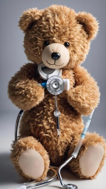 Teddy bear stethoscope and syringe isolate on a white background selective focus