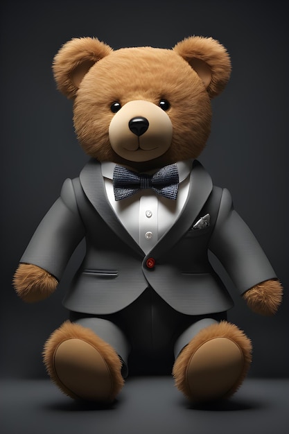 Teddy bear in a suit and bow tie on a dark background