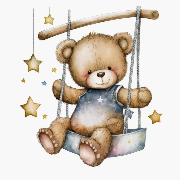 Teddy bear swinging on a star swing Illustration AI GenerativexA