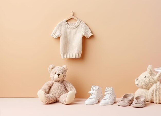 A teddy bear and a teddy bear are hanging on a wall next to some shoes.