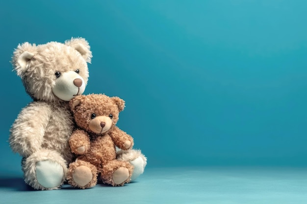 A teddy bear and a teddy bear sit together on a blue background.