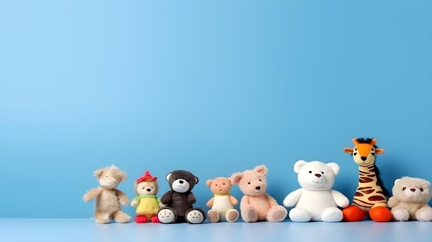 Teddy bear toys on blue background with copyspace