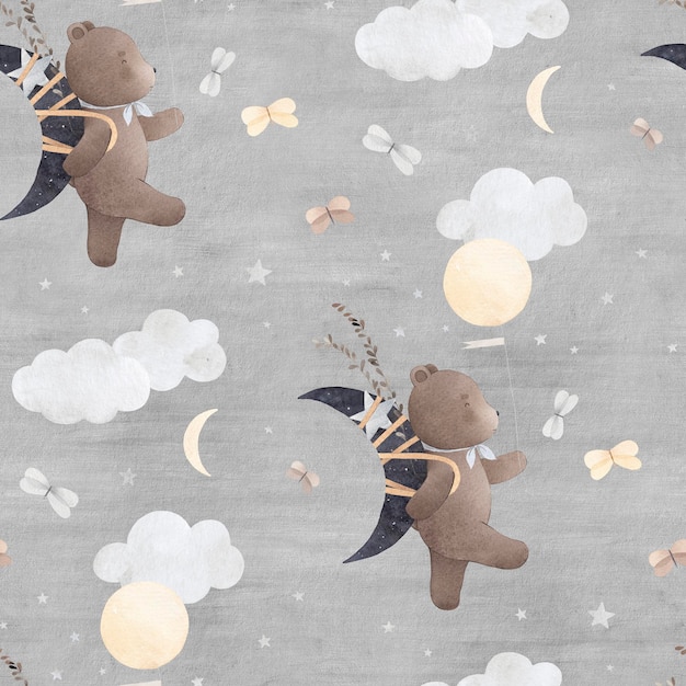 Teddy bear travels among the stars clouds and butterflies Watercolor seamless pattern background