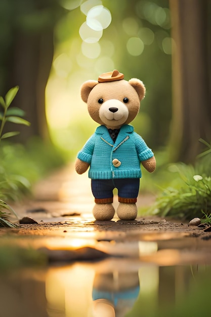 A teddy bear walking on a path in the woods