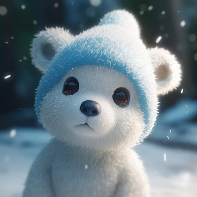 A teddy bear wearing a blue hat and a blue hat sits in the snow.