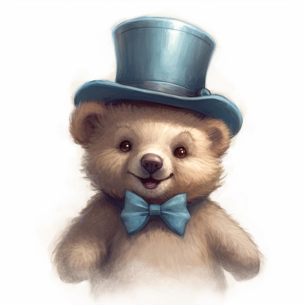 A teddy bear wearing a blue top hat and a blue bow tie.