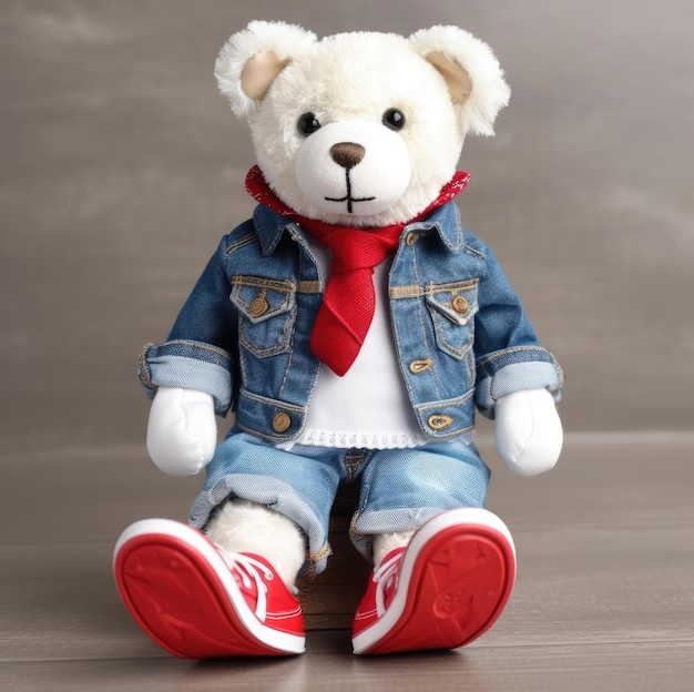 A teddy bear wearing a denim jacket and a denim jacket.