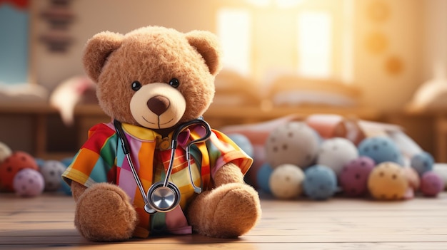 a teddy bear wearing glasses stethoscope and a doctor's coat sits on a table with a blur background