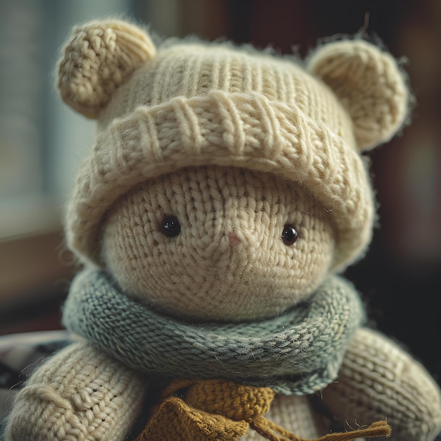 A teddy bear wearing a knitted hat and scarf with a scarf around its neck and a scarf around its nec