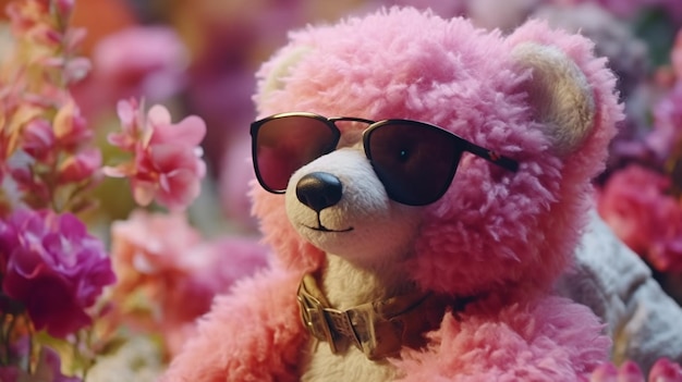 Teddy bear wearing pink sunglasses with flowers in the background Generative AI