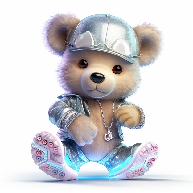 A teddy bear wearing a silver outfit and a silver belt.