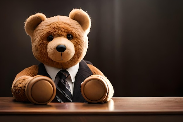 A teddy bear wearing a suit and tie sits at a desk.