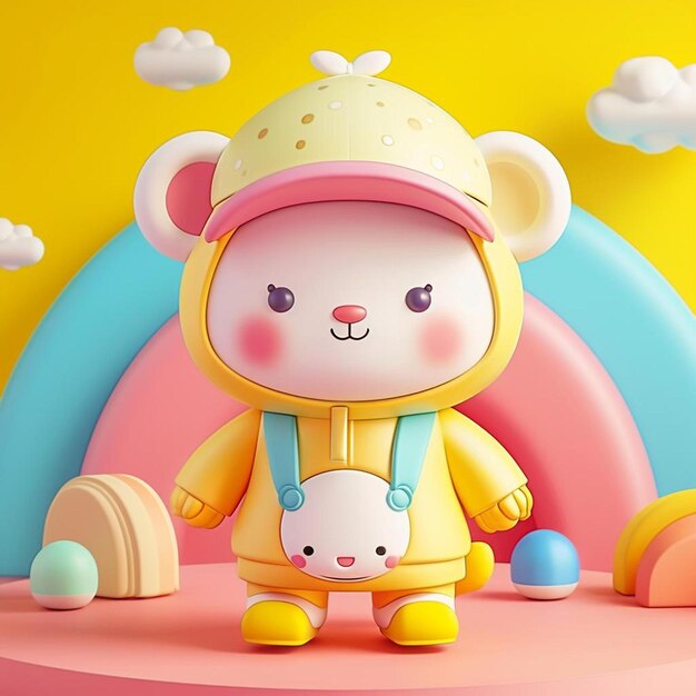 A teddy bear wearing a yellow raincoat and holding a bunny