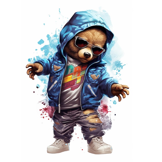 Photo teddy bear wears jacket a cool hip hop on a clean background png for sublimation printing tshirt design clipart dtf dtg printing toy wild animals illustration generative aix9