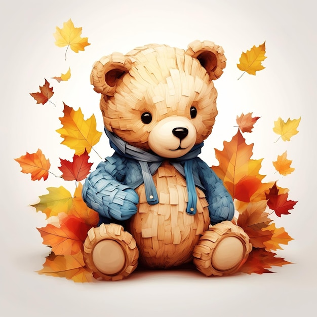 Teddy bear with autumn leaves Generative AI