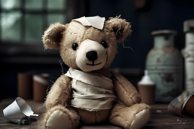 Teddy bear with bandage on his head and broken arm
