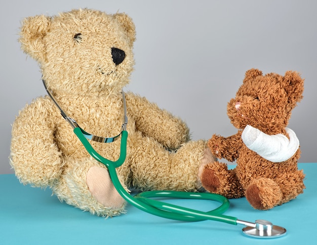 Teddy bear with bandaged paw and stethoscope