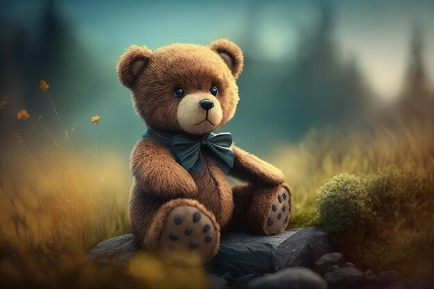 Teddy bear with a beautiful bow around his neck Generative AI