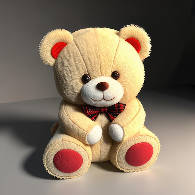 Teddy bear with a blue bow and a white box on a black background