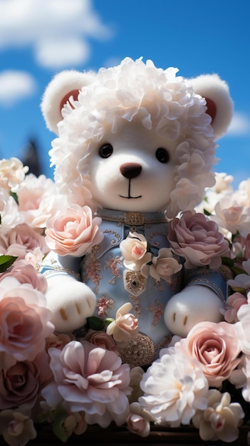 Photo a teddy bear with a blue outfit and a flower bouquet