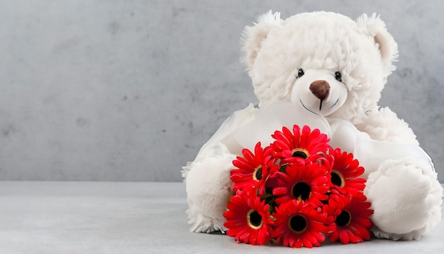 A teddy bear with a bouquet of red flowers