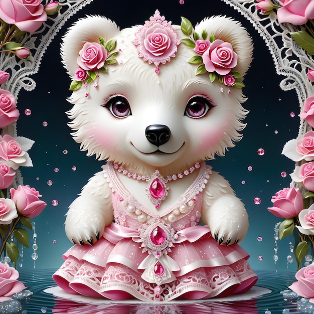 a teddy bear with a bow and flowers on it