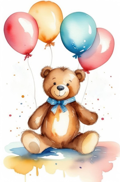 teddy bear with bow tie and colorful balloons on white background watercolor birthday greeting card