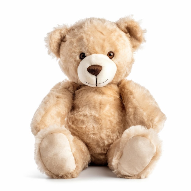 A teddy bear with a brown nose and a black nose sits on a white background.