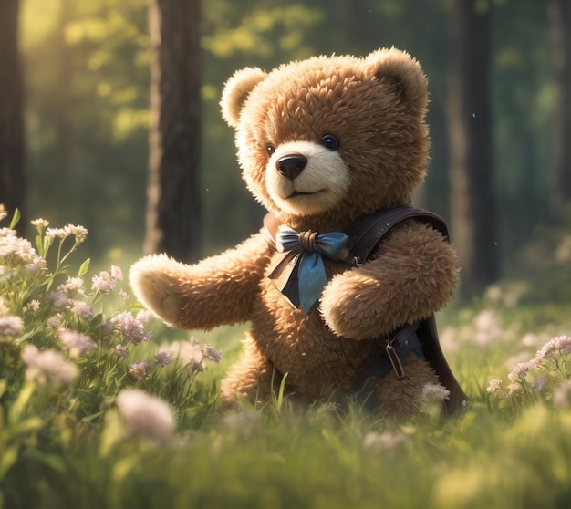 A teddy bear with a cape and cape sits in a field of flowers.
