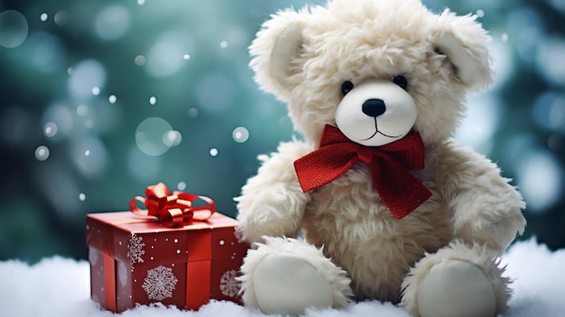 Photo teddy bear with gift boxes on snow and bokeh background