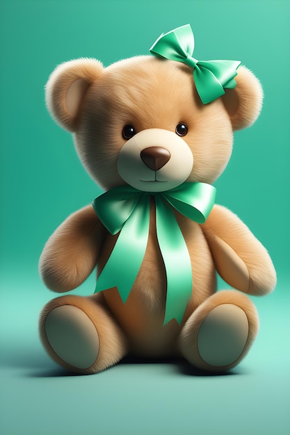 Teddy bear with green bow on turquoise background 3D rendering