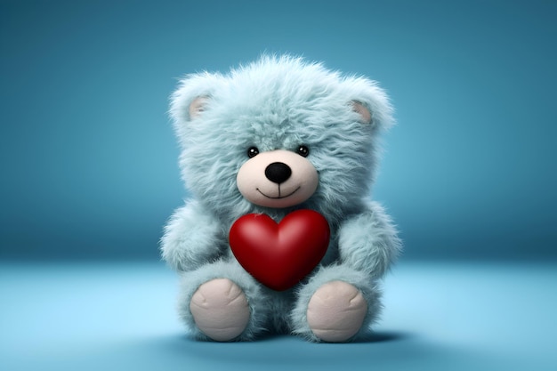 Foto orso di peluche con cuore su sfondo blu rendering 3d