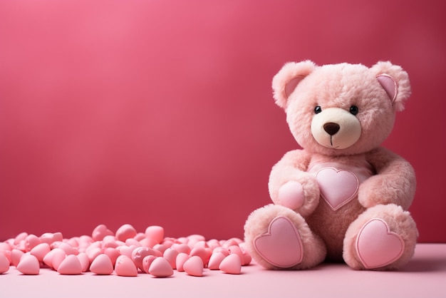 Фото Плюшевый медведь с сердцем на розовом фоне
