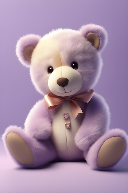 Teddy bear with pink bow on a purple background 3d rendering