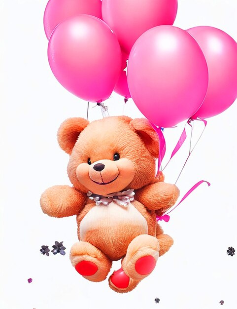 teddy bear with a pink bow smiling flying with a bunch of balloons white background