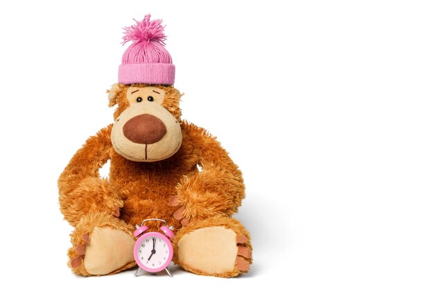 Teddy bear with a pink knitted hat on his head and a pink alarm clock in his paw.