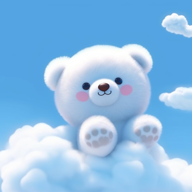 a teddy bear with a pink nose and a pink nose is sitting in the clouds