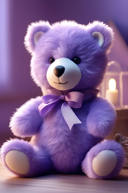 Teddy bear with a purple bow sitting on the floor in the room