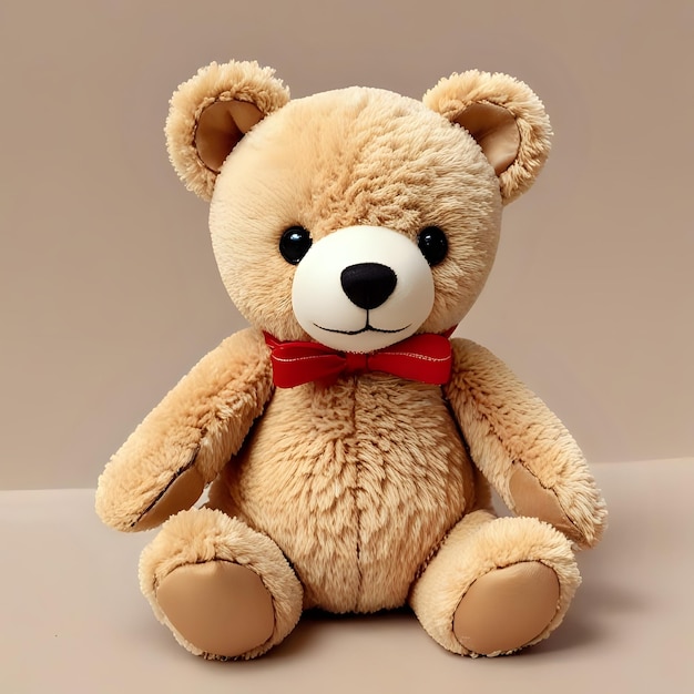 a teddy bear with a red bow on its neck