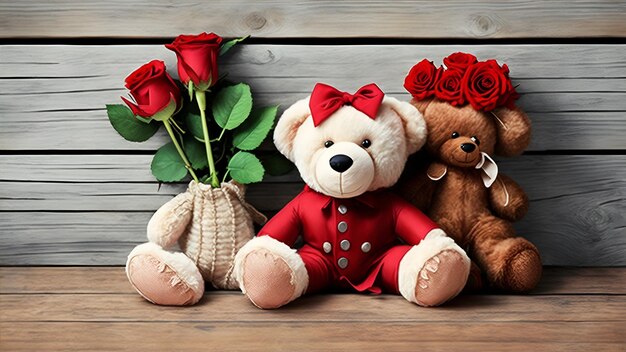 A teddy bear with a red bow sits next to a bunch of flowers.